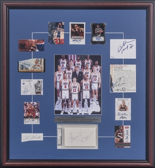 1992 Olympic Dream Team 13 Signature 26"x28" Framed Collage including Michael Jordan, Barkley, Malone, Mullin and Coach Chuck Daly (JSA)